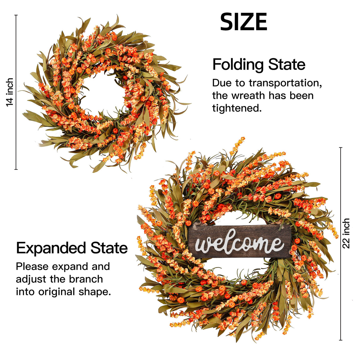 Artificial Fall Wreath - 22'' Autumn Front Door Wreath with Harvest Foam Leaves, Small Pumpkins for Outside, Indoor