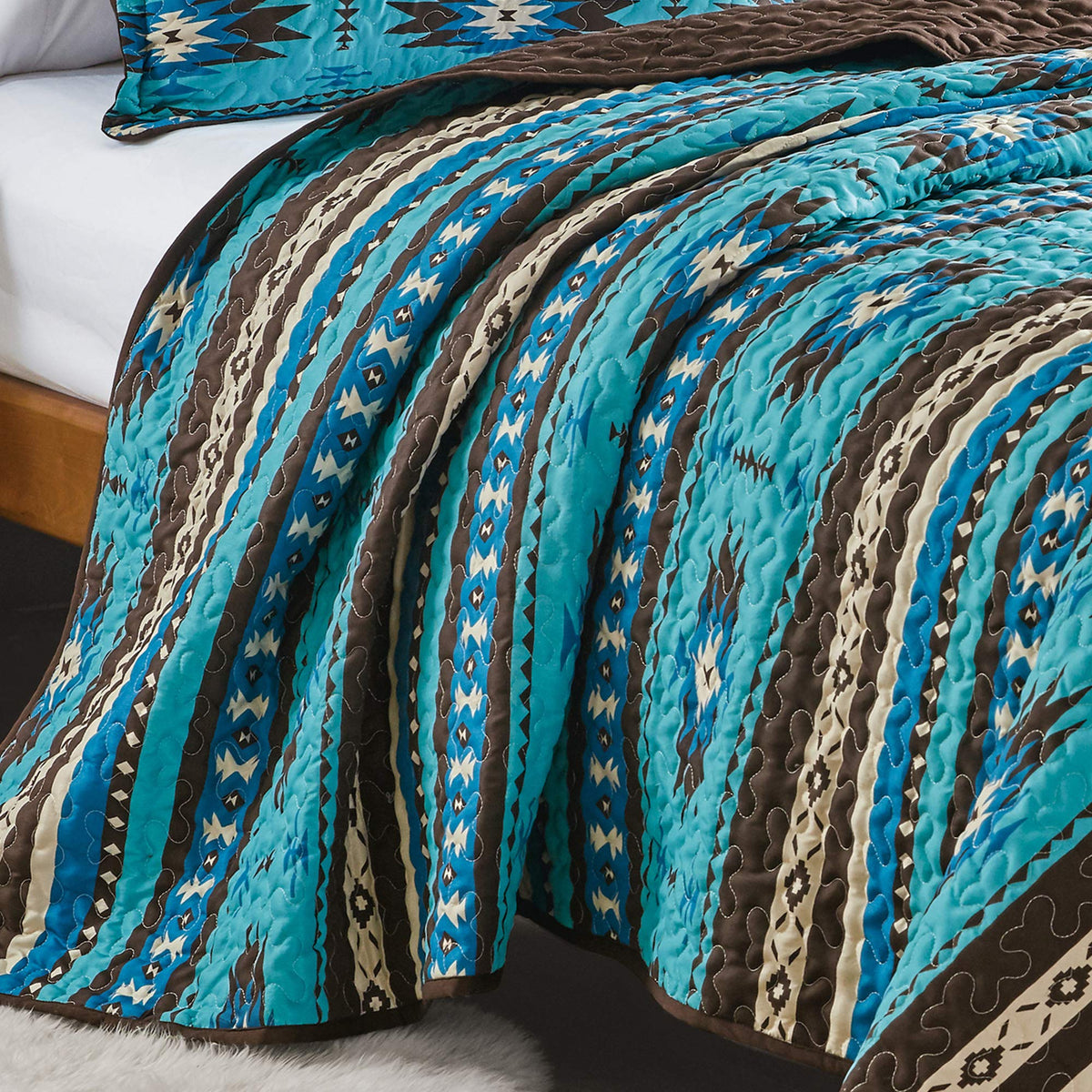3-Piece Printed Oversize Queen Size Quilt Set, All-Season Bedspread, Native American Tribal Navajo Pattern Coverlet
