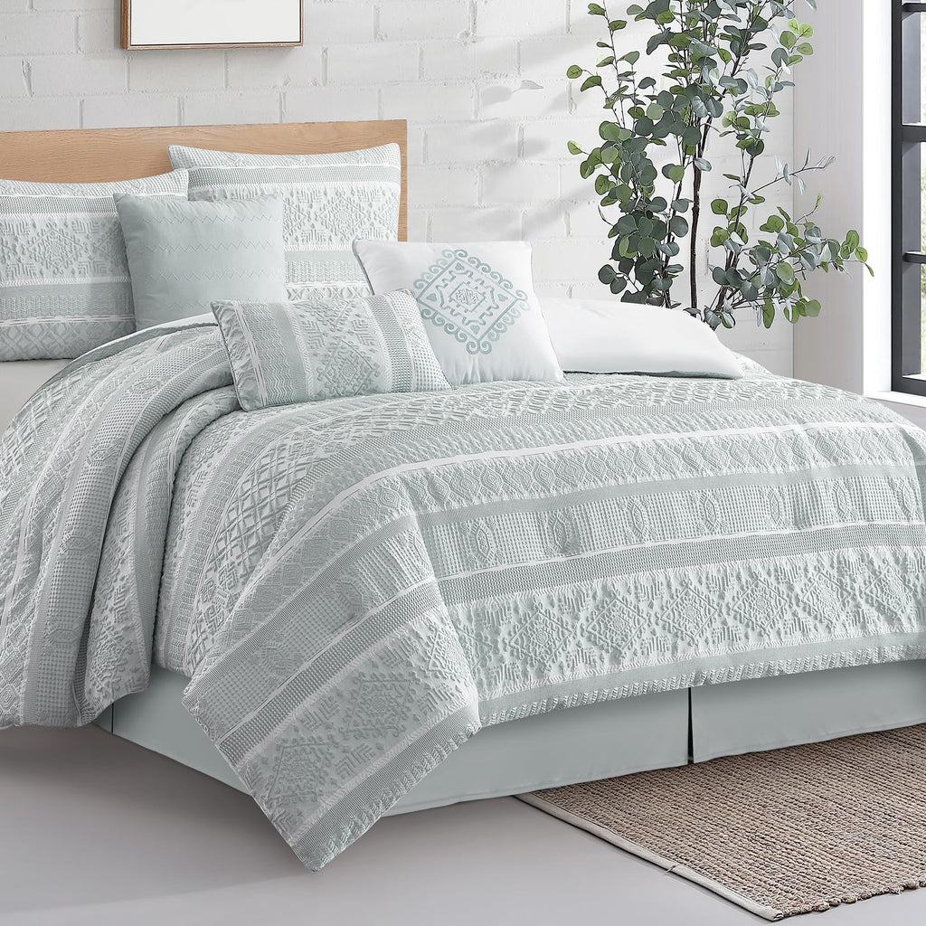 7 Piece Comforter Set, Dusty Green, Elegant Jacquard with Patchwork, Stylish and Cozy Bedding Collection