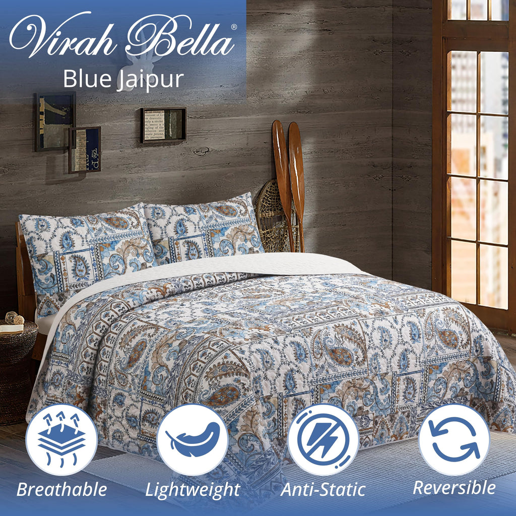 3 Piece Lodge Quilt Bedding Set - Rustic Country Reversible Comforter Set with Decorative Pillow Shams - Blue