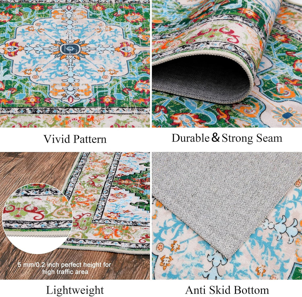 Boho Hallway Runner Rug Non Slip Washable Runners, Green