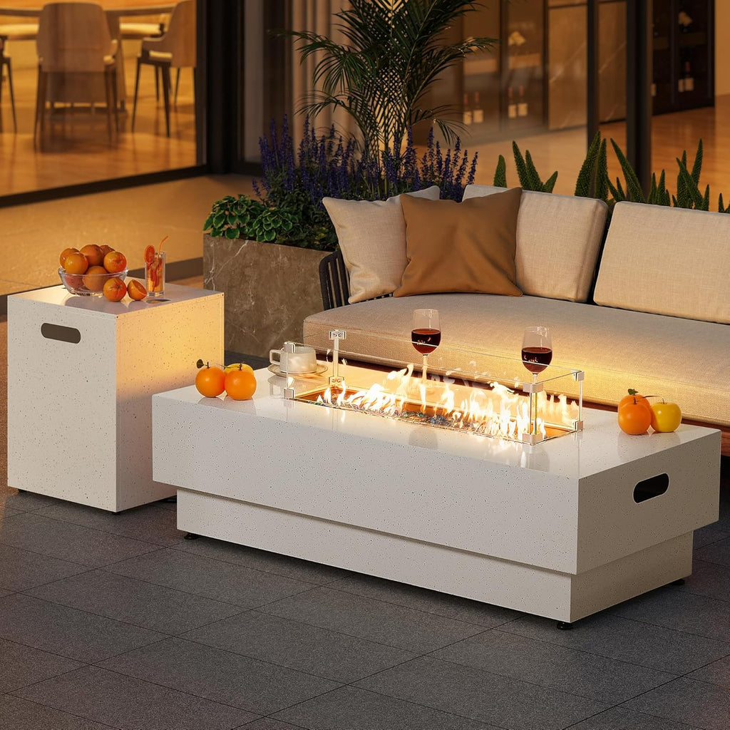 50-Inch Outdoor Propane Fire Pit Table w Tank Table, CSA Certified, Rectangular Patio Fire Pit w Glass Rocks, Wind Guard and Cover, 58000 BTU 2 in 1