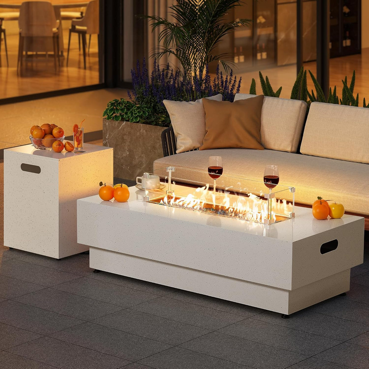 50-Inch Outdoor Propane Fire Pit Table w Tank Table, CSA Certified, Rectangular Patio Fire Pit w Glass Rocks, Wind Guard and Cover, 58000 BTU 2 in 1