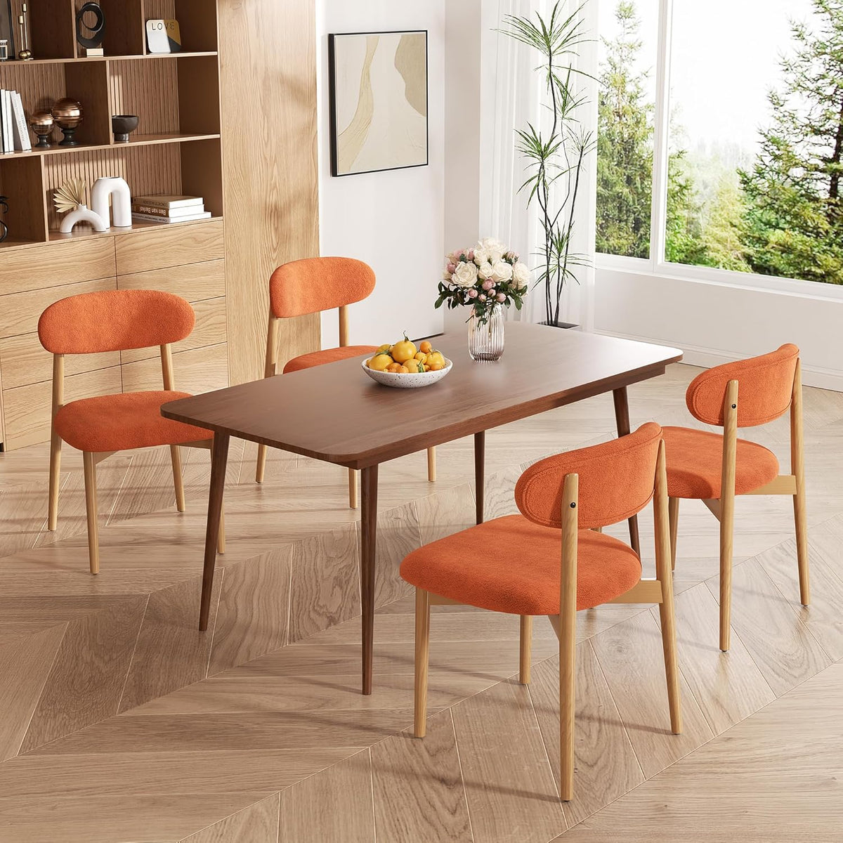 Wooden Dining Chairs Set of 4, Modern Upholstered Dining Room Chairs with Curved Back and Adjustable Legs for Farmhouse Dining or Living Room, Orange