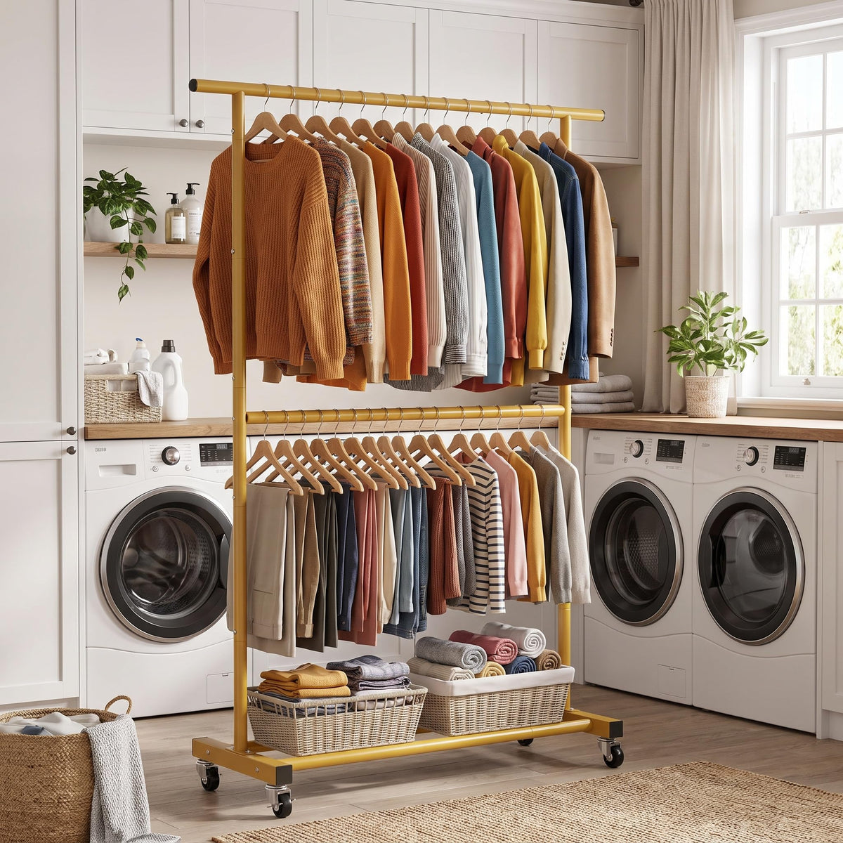 Double Rod Metal Clothing Garment Rack on Wheels, Gold