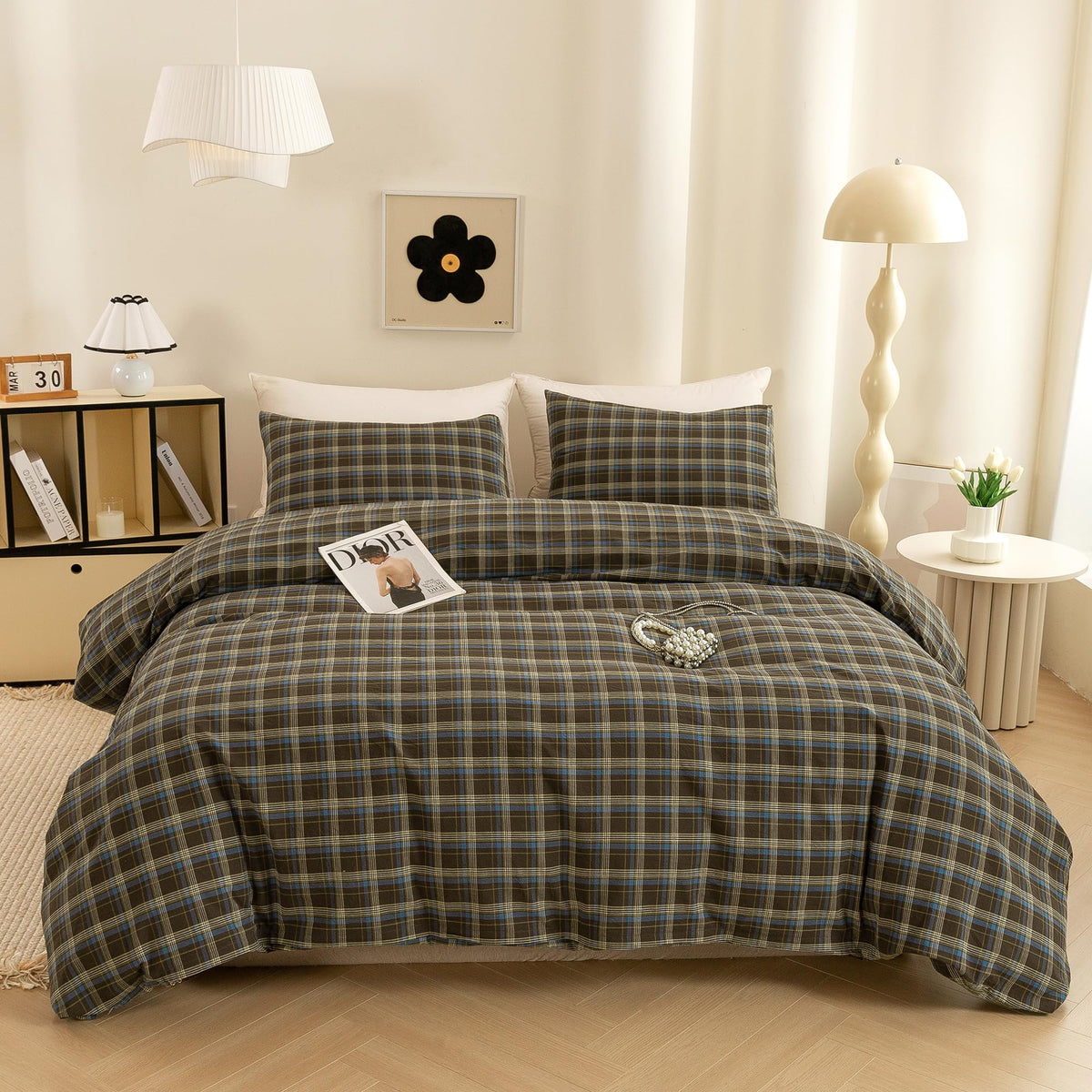 Cotton 3 Pcs Duvet Cover Set Linen Feel Brown & Blue Plaid Queen