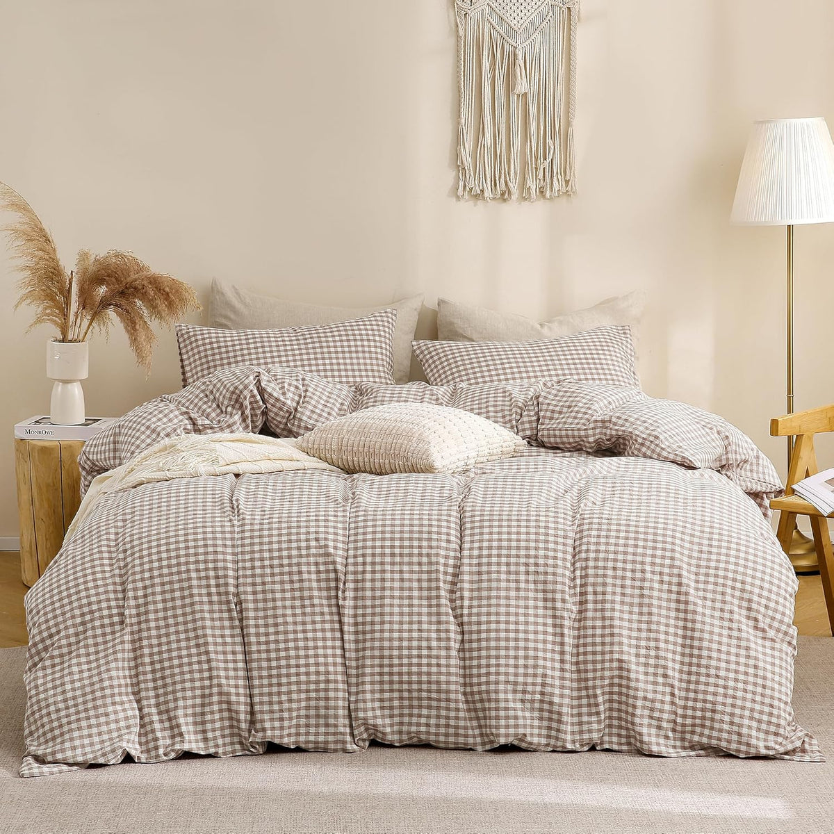 Tan Gingham Duvet Cover Bedding Set 100% Washed Cotton Like Linen Feel Super Soft Comfy 3 Piece Brown Vintage Plaid, King Size