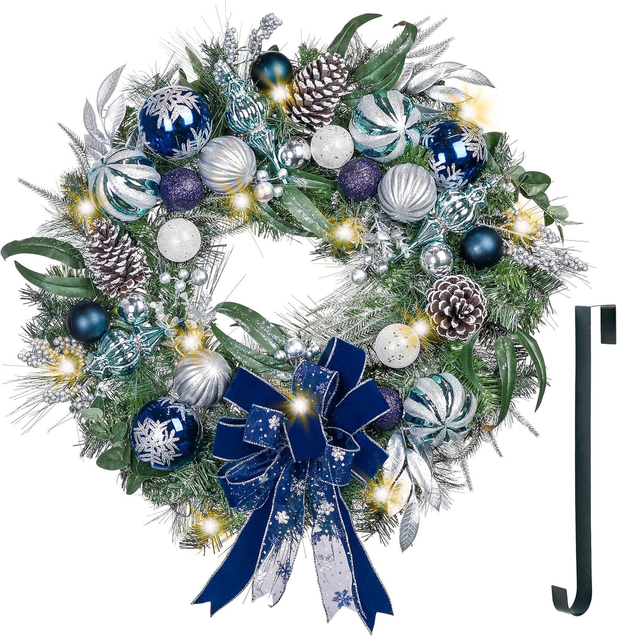 30" Large Christmas Wreath for Front Door with Lights Ribbon