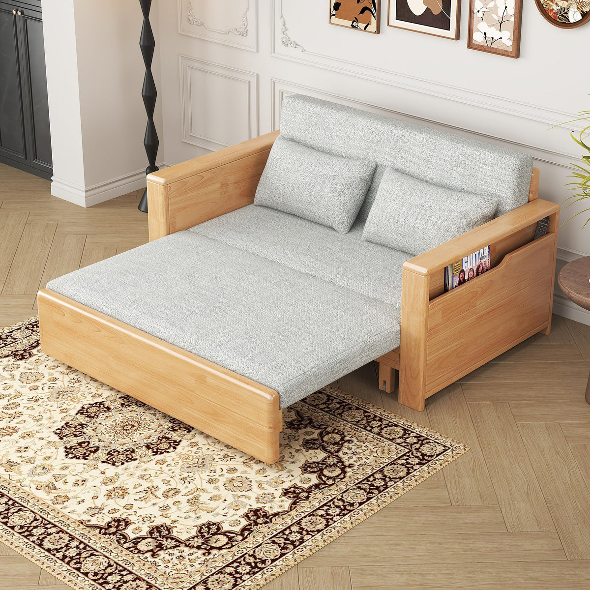 48" Grey 3-in-1 Sectional Sleeper Sofa w/Stor & Rev Chaise, Wooden Frame