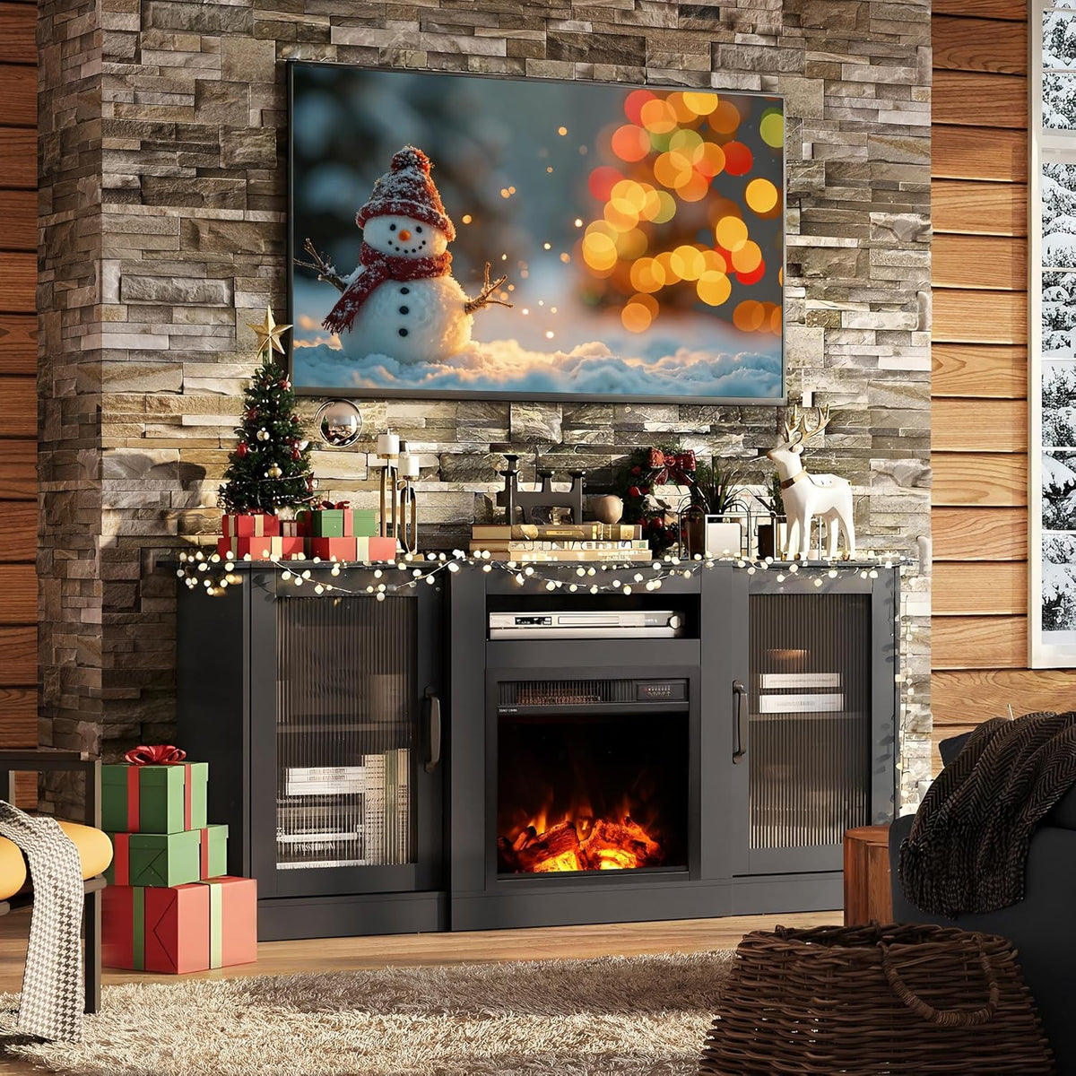 Fireplace TV Stand for TVs up to 65 Inches, Entertainment Center with 3D Realistic Flame Electric Fireplace and Open Shelves, Black