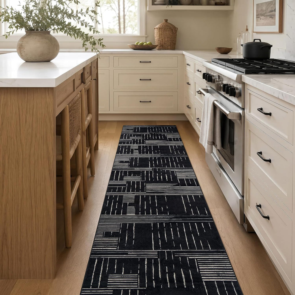 Block Stripe Machine Washable Non-Slip Runner Rug, Black