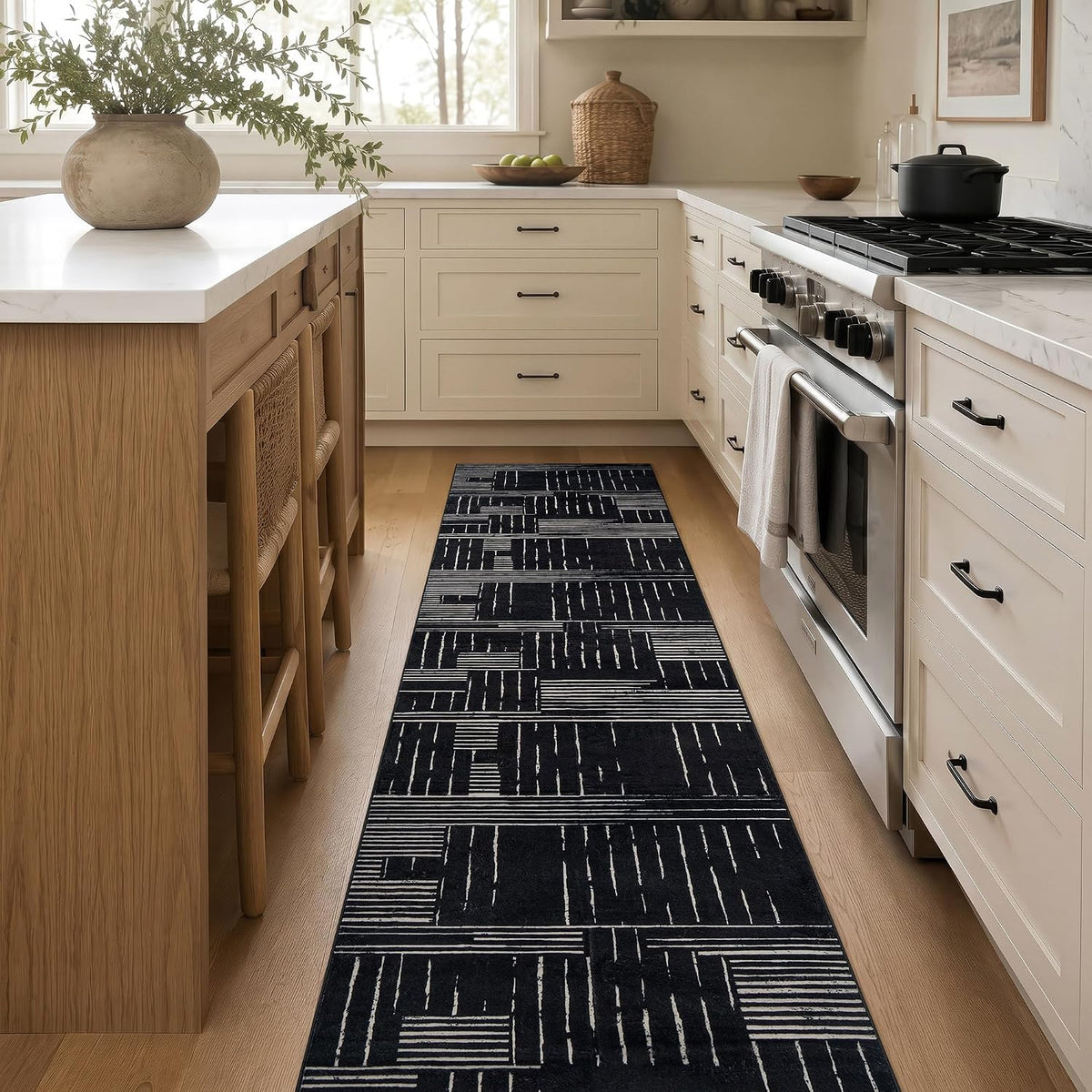 Block Stripe Machine Washable Non-Slip Runner Rug, Black