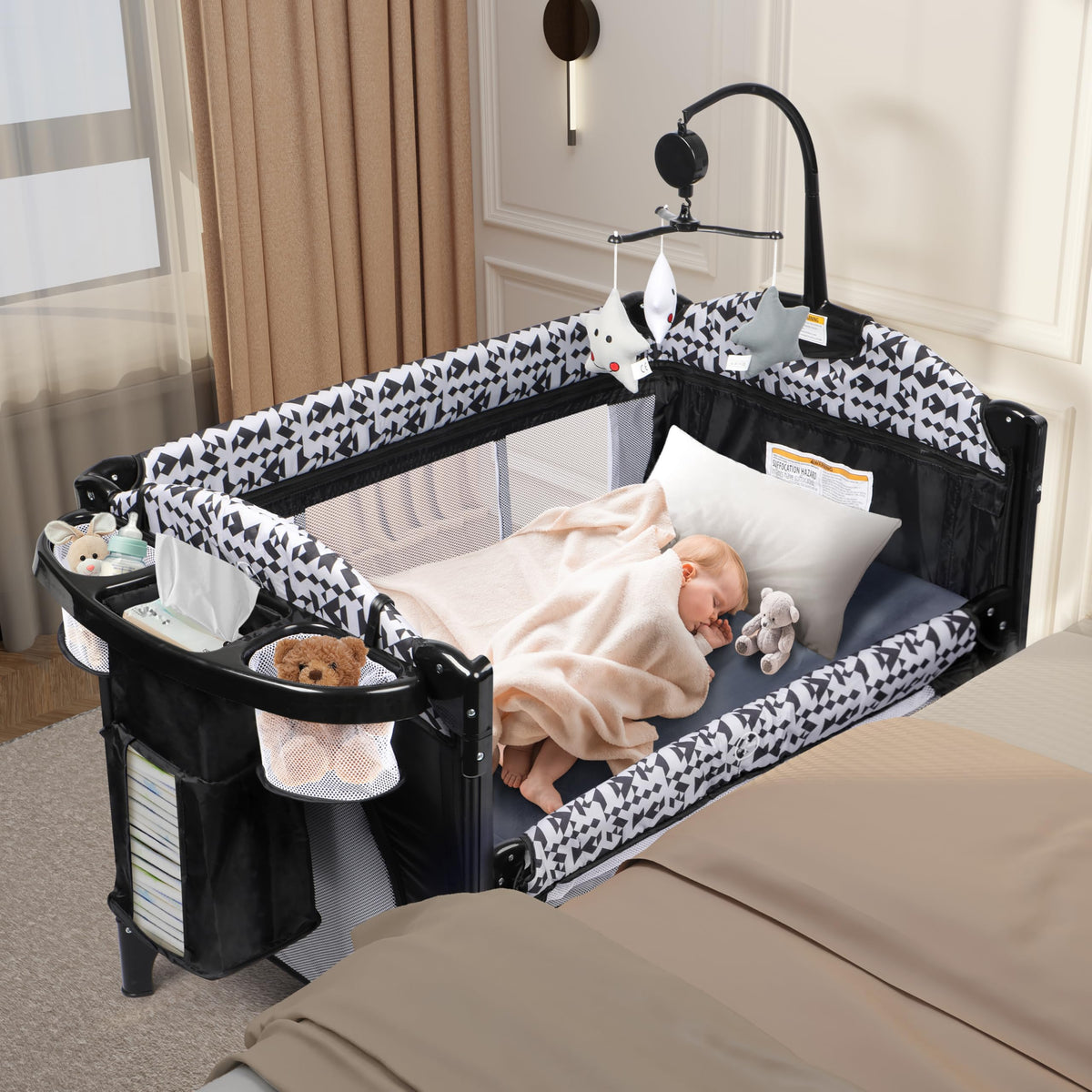 5-in-1 Play Yard, Baby Bassinet Bedside Sleeper with Diaper Changer, Storage Bag & Music Box, Portable Baby Crib