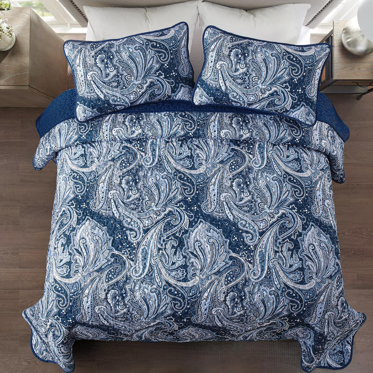 Navy Paisley Quilt Set, Boho Bedspread Coverlet