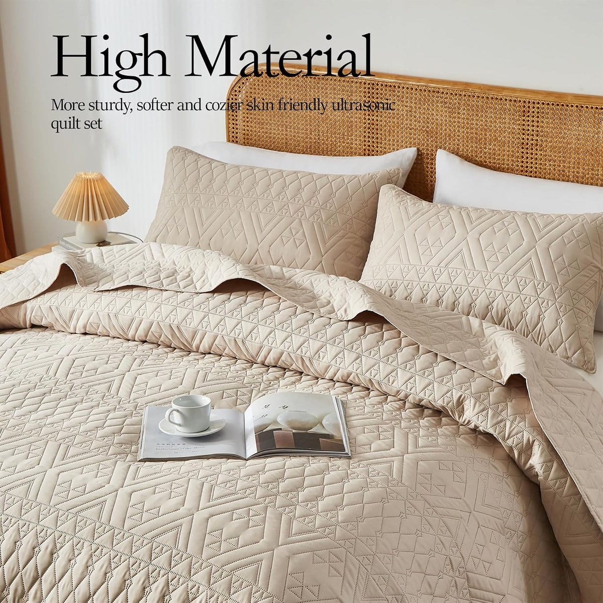 Full/Queen Quilt Bedding Set,Beige Lightweight Microfiber Soft Bedspread,Modern Style Geoetric Pattern Coverlet Set
