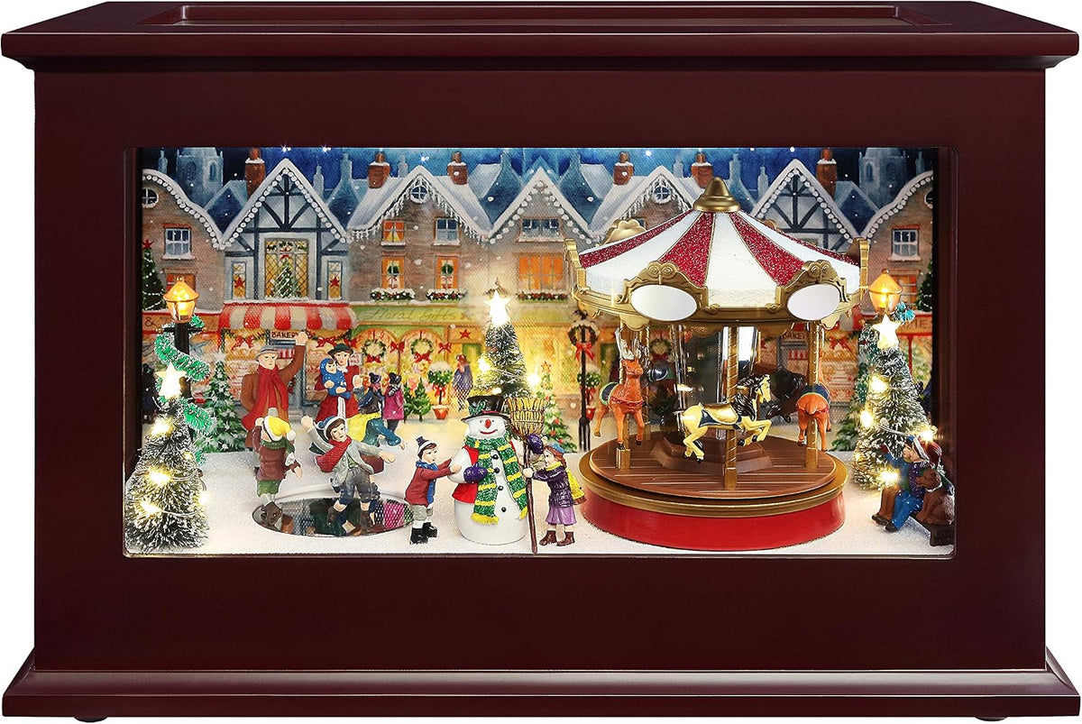 Heirloom Animated Glass and Wood Christmas Music Box, Holiday Décor, Plays 35 Songs, Brown