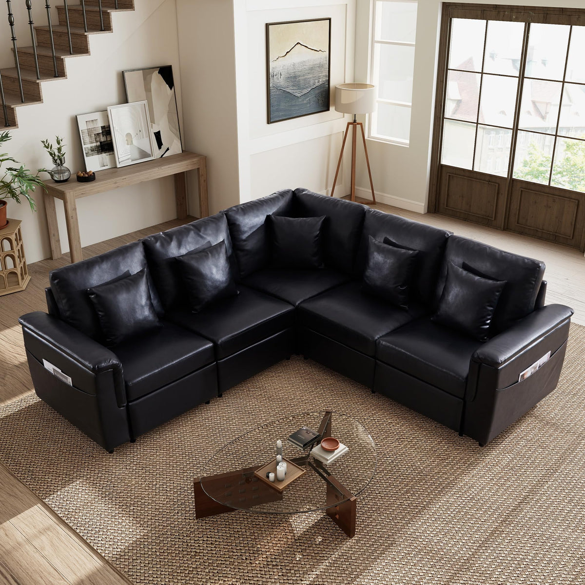 Faux Leather Sectional Sofa, Oversized L Shaped Modular Cloud Couch with Pillows, Modern 6 Seater Leather Couch