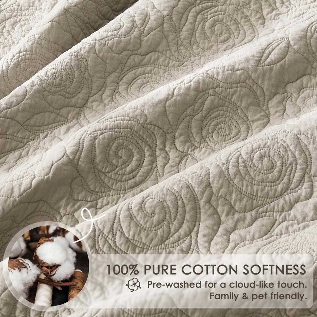 Beige 100% Cotton Quilt Bedding Sets with 2 Pillow Shams, Floral Rosette Lightweight Bedspread Soft
