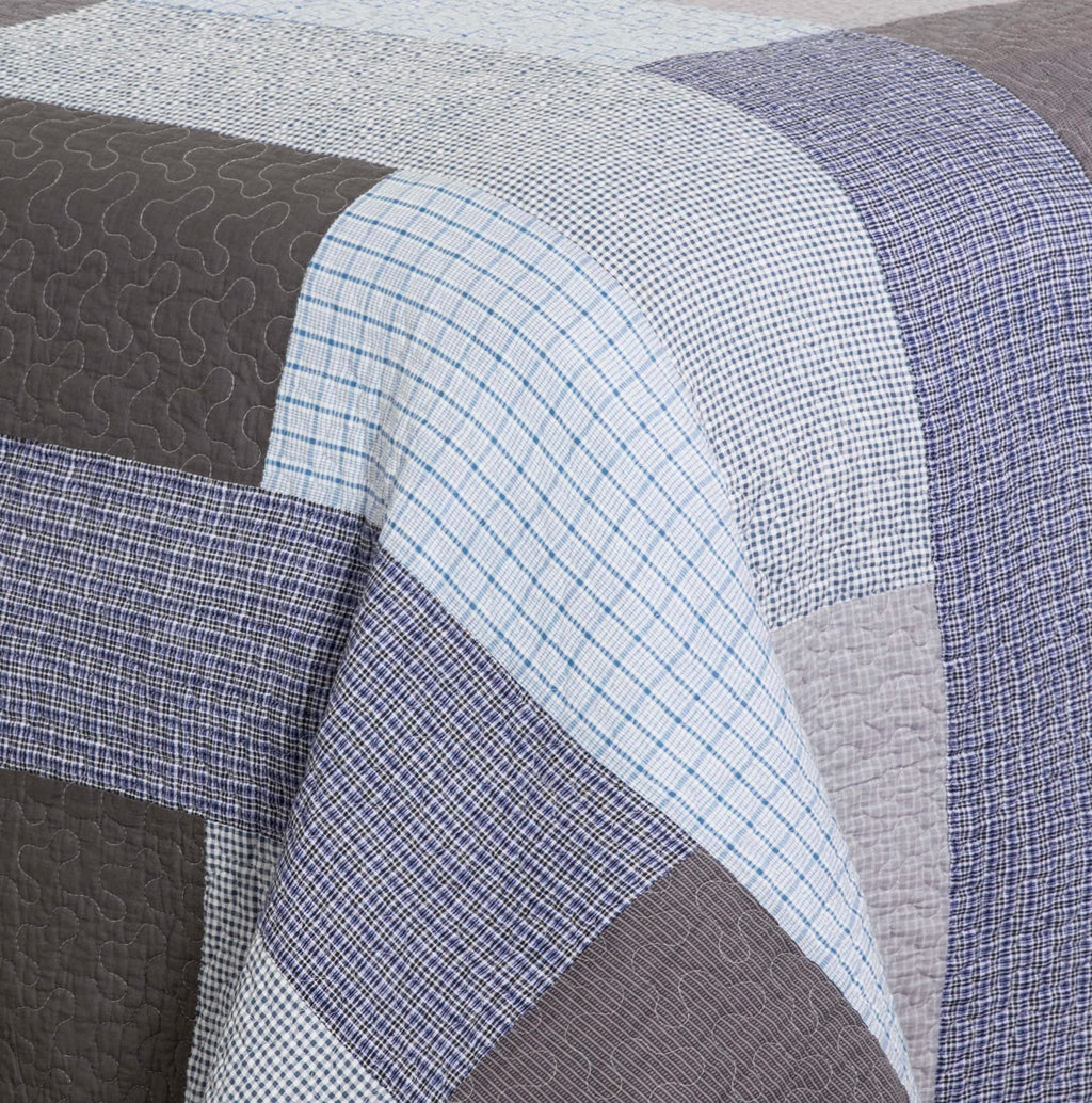 Sora 3-Piece Plaid Checkered Grid Patchwork Stripe Quilt Set - Soft Lightweight 100% Washed Cotton Bedspread for All