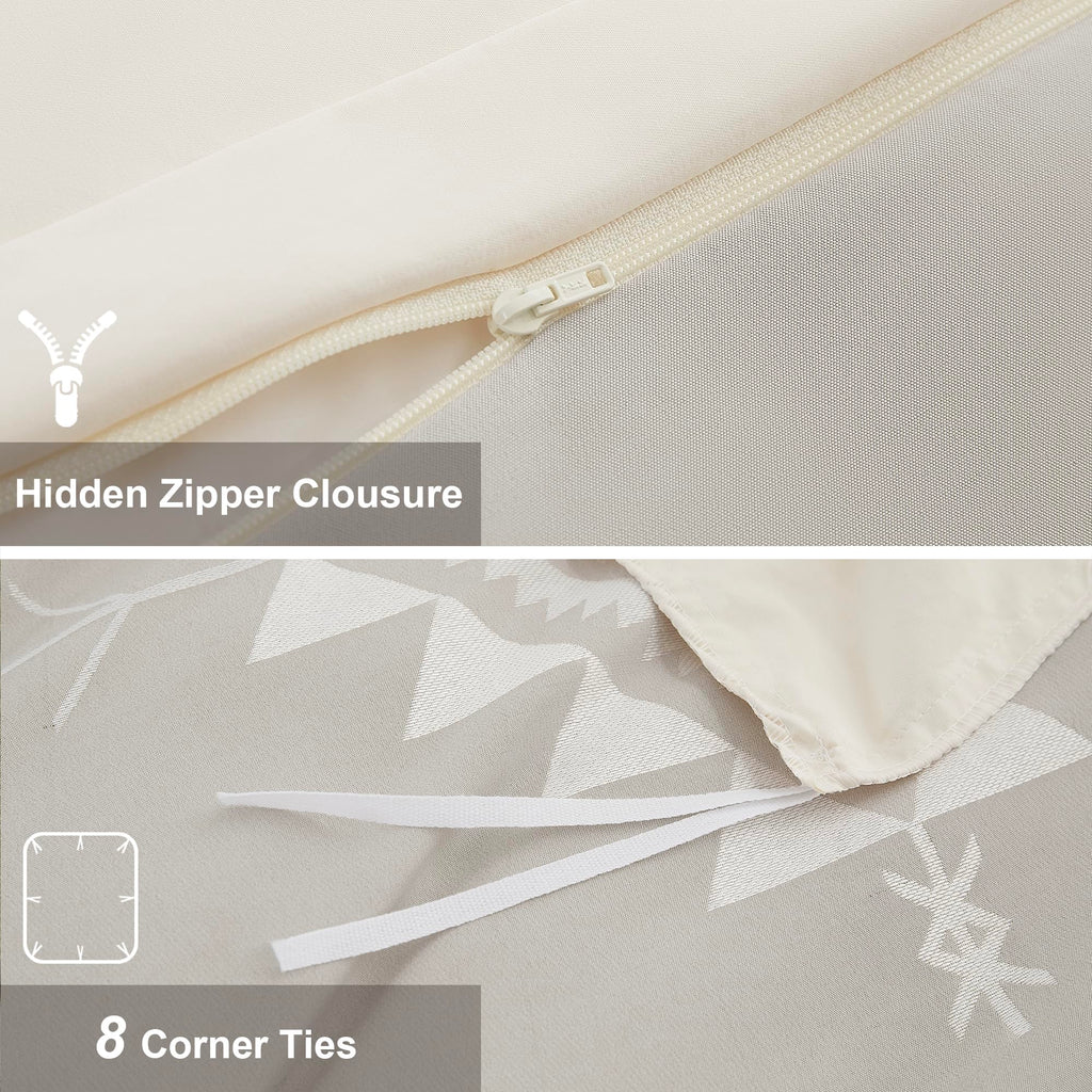 Boho Duvet Cover King Size, Light Gray & Ivory, 3 Pieces