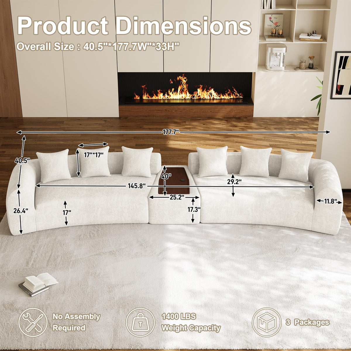 177" Oversized Curved Sectional Sofa, Chenille Cloud Couch, Beige