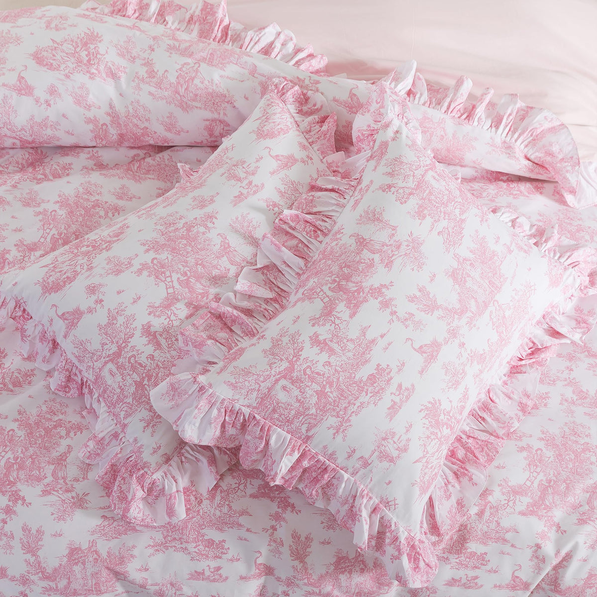 French Country Toile Duvet Cover Set Organic Cotton Farmhouse Bedding Set Pink Pastoral Pattern Breathable