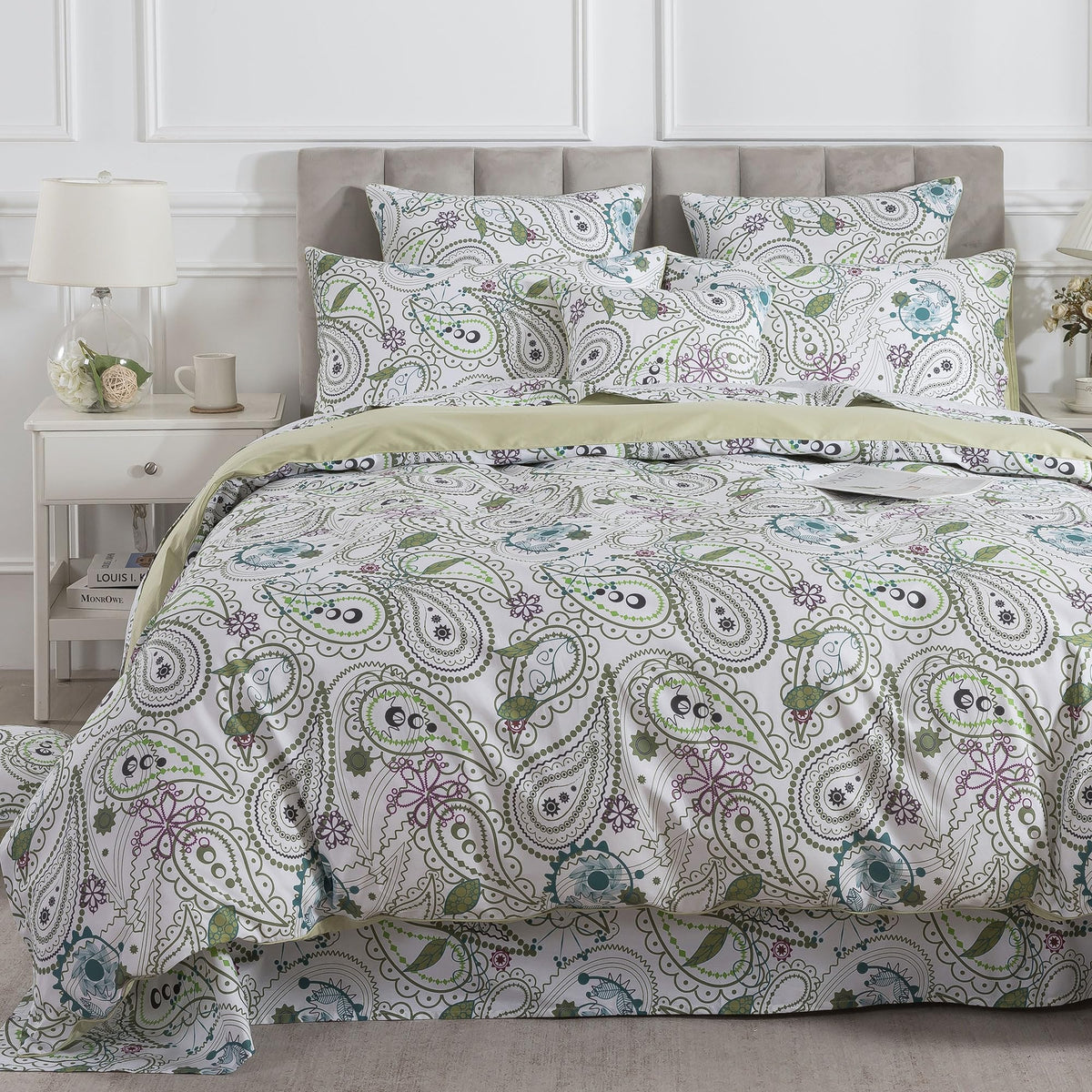 100% Cotton Duvet Cover Set 3 Pieces Sage Green Paisley Bedding, Modern Botanical Floral Paisley Comforter