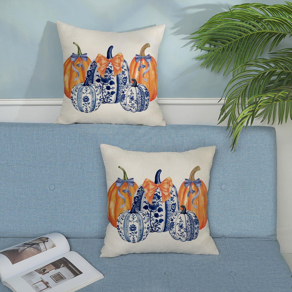Fall Chinoiserie Pillow Covers 18x18 Set of 2 Blue and Orange Pumpkin Throw Pillows Grandmillennial Autumn