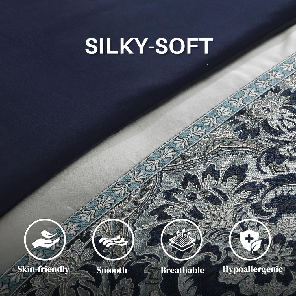 Luxury Comforter Set Damask Jacquard Navy Blue 7 Piece