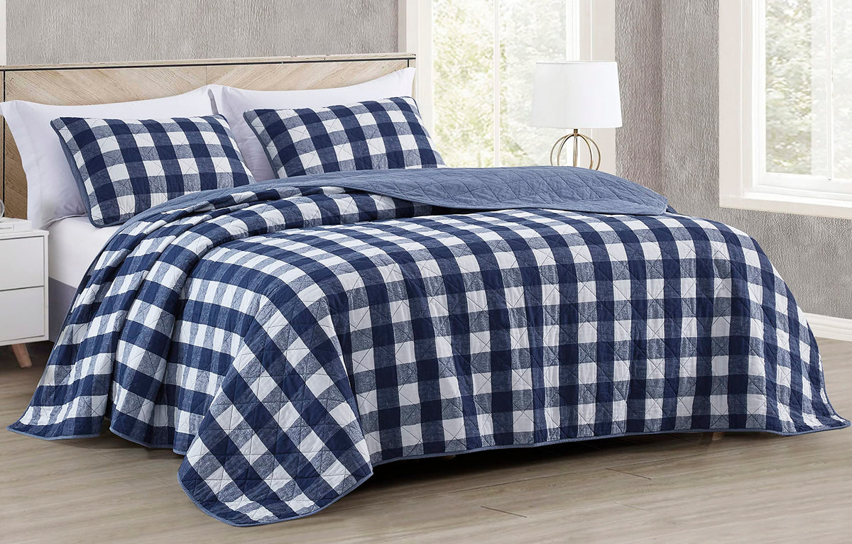 3-Piece Blue White Plaid Cotton Quilt Set - Buffalo Check Solid Reversible Bedspread - Pre-Washed Cotton Lightweight