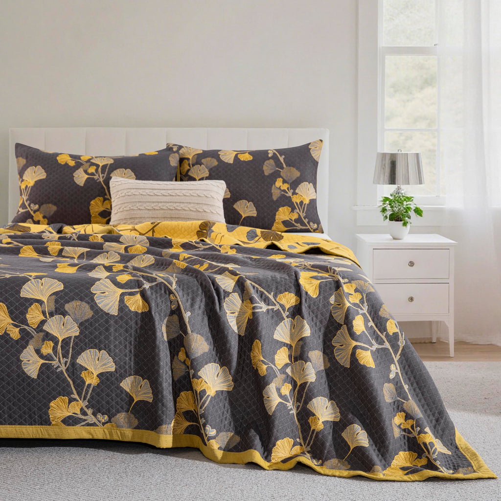 100% Cotton Muslin Jacquard 2 Piece Quilt Set Floral Ginkgo Leaf Print, Soft 3 Layers Gauze Bed Cover Reversible