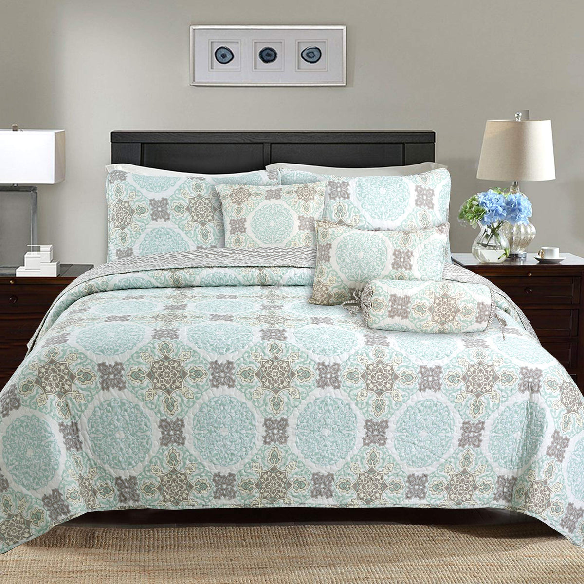 Mint Grey Modern Medallion Damask Reversible Quilt Bedding Set, Lightweight Bedspread Coverlet for All Seasons (Aqua