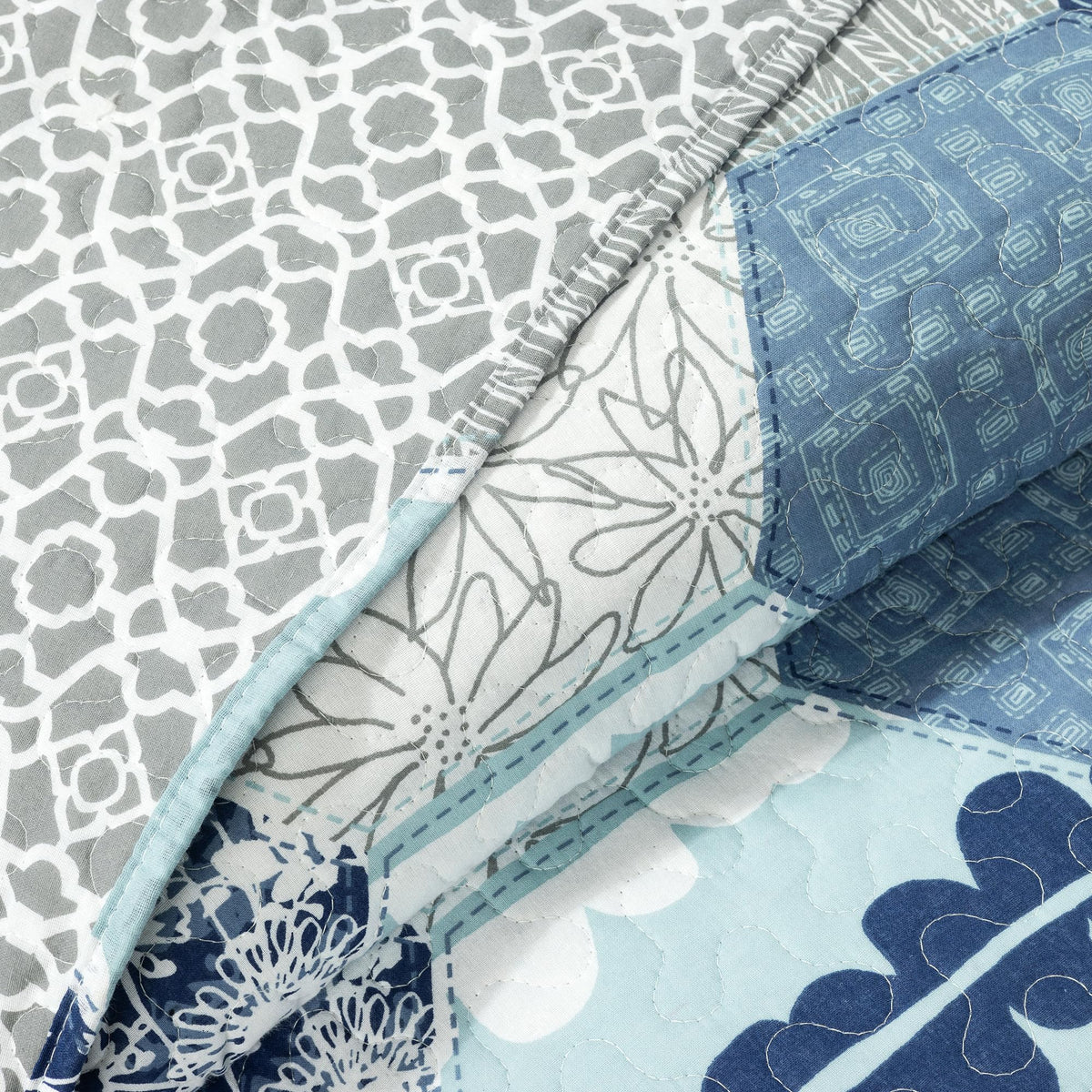 Briley Reversible Cotton Quilt 3 Piece Set Dusty Blue - Bedding Set Quilt - Patchwork