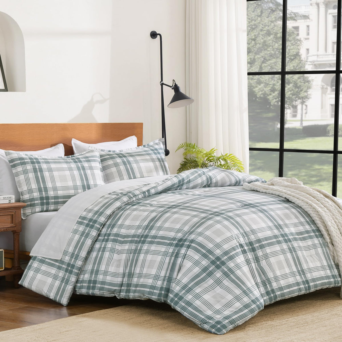 Blue Plaid Comforter Set, Gingham Checkered Grid Bedding Set
