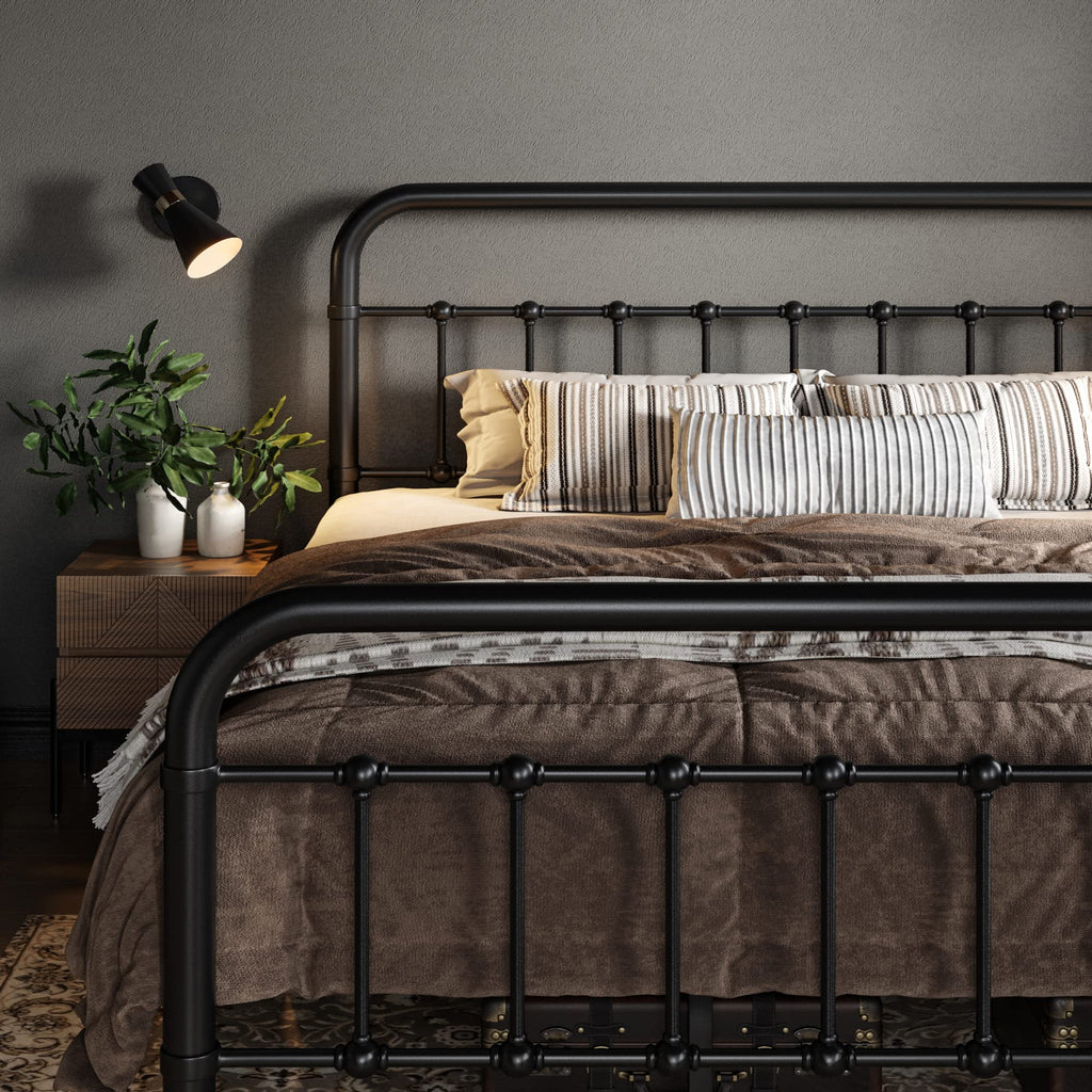 Metal Bed Frame with Victorian Iron-Art Headboard, Black