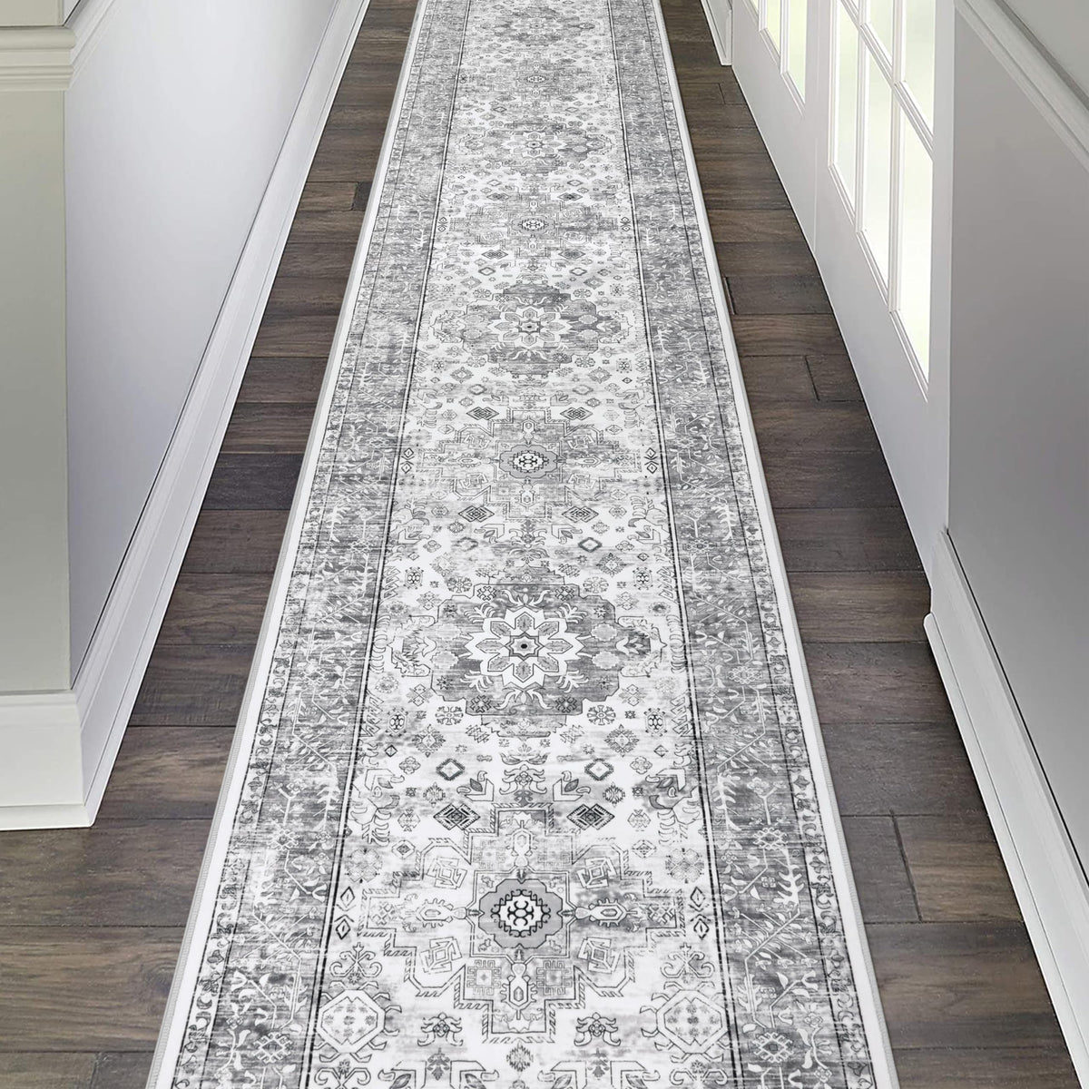 Hallway Runner Rug 2'6'' x 14', Washable Kitchen Runner, Vintage Grey