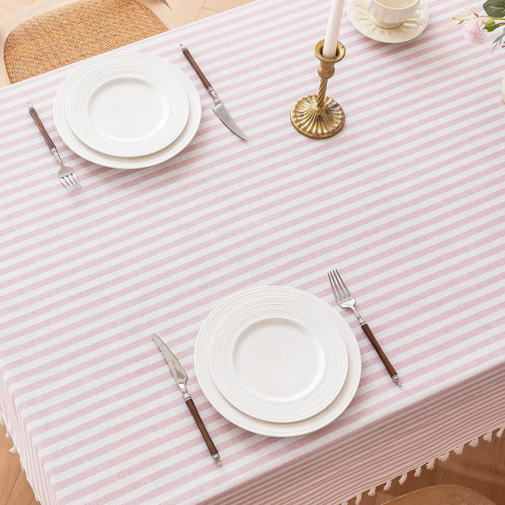 Pink Striped Tablecloth Rectangle 55 x 106 inch Cotton Linen Fabric