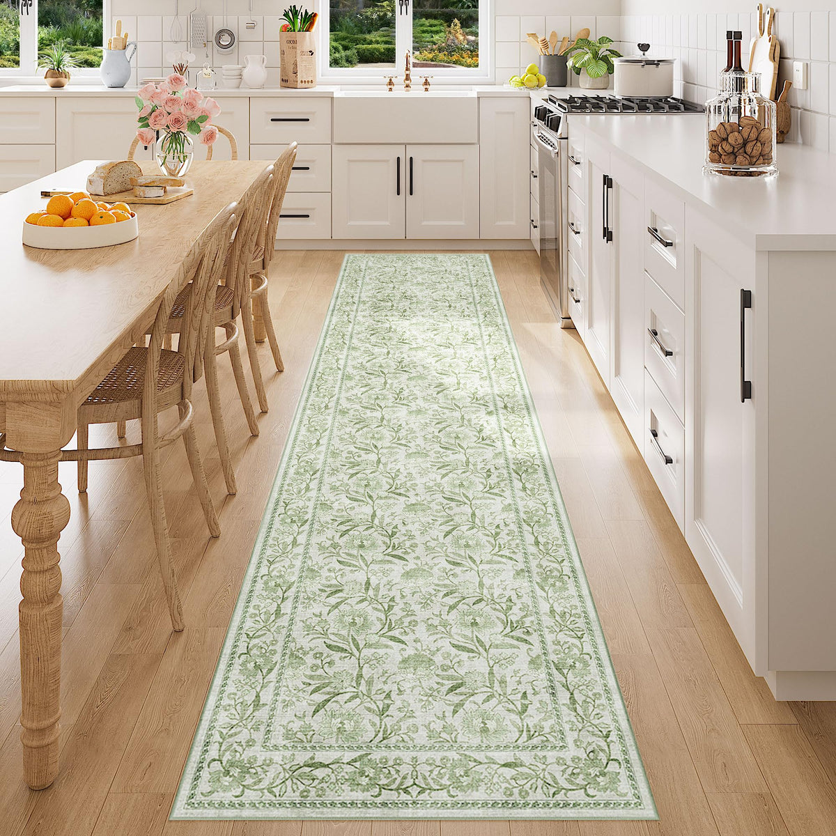 2x8 Runner Rug, Washable Vintage Floral Kitchen Rugs, Sage Green