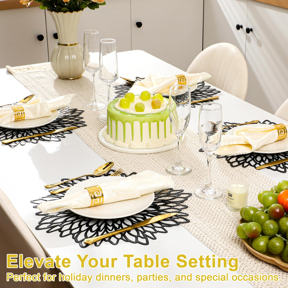 Set of 8 Round Placemats Black, Heat-Resistant PVC Table Mats with Luxury Metallic Glossy Finish for Thanksgiving