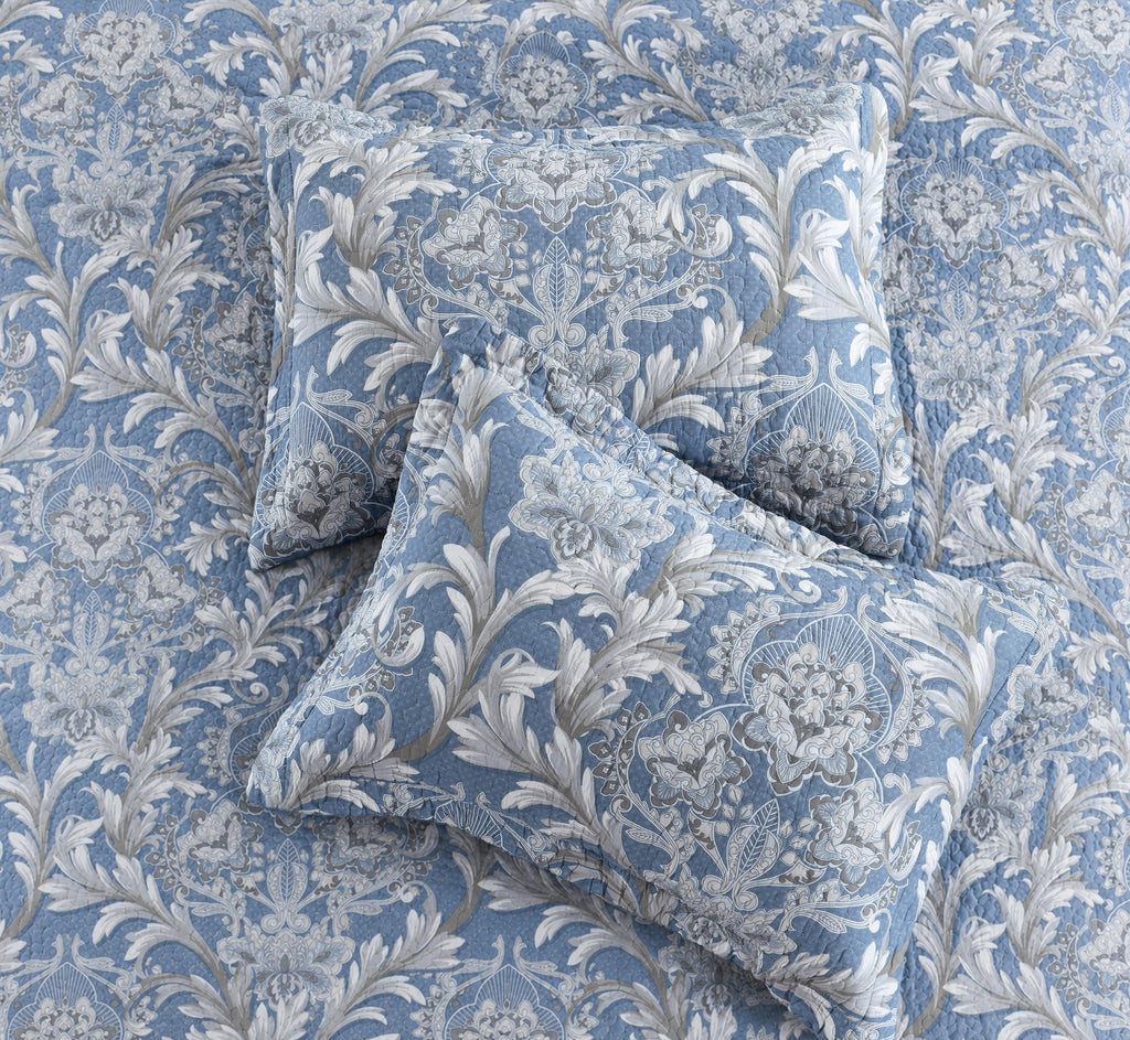 100% Cotton Blue Quilt Set, Damask Bedspread, Dusty Blue