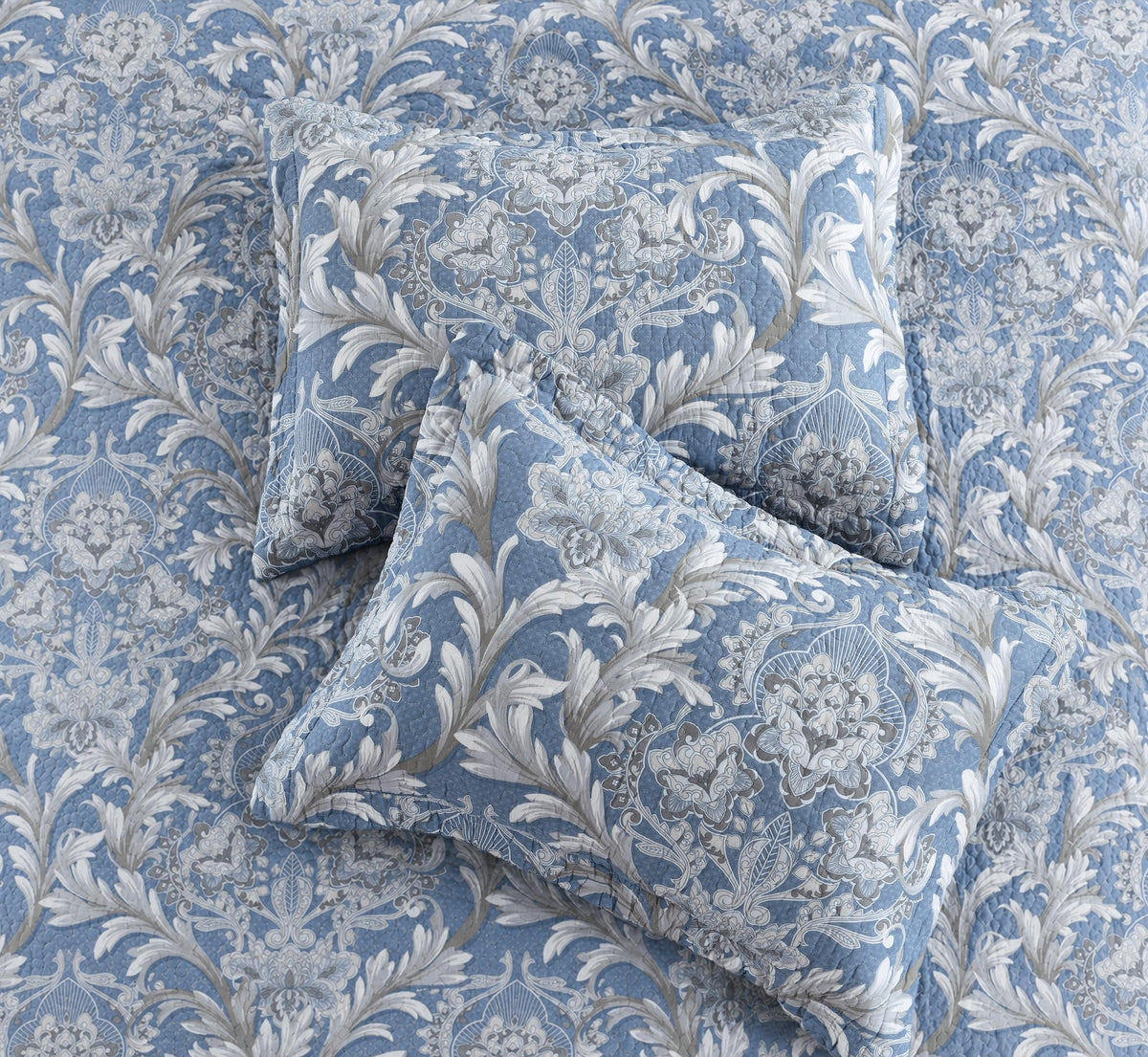 100% Cotton Blue Quilt Set, Damask Bedspread, Dusty Blue
