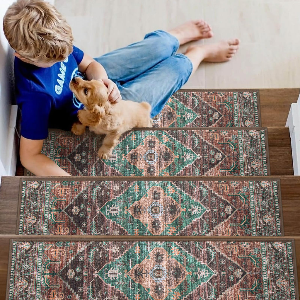 Non Slip Indoor 15 Pack 8" X 30" Carpet Treads for Wood Stairs, Washable Self Adhesive Stair Runners Soft Surface