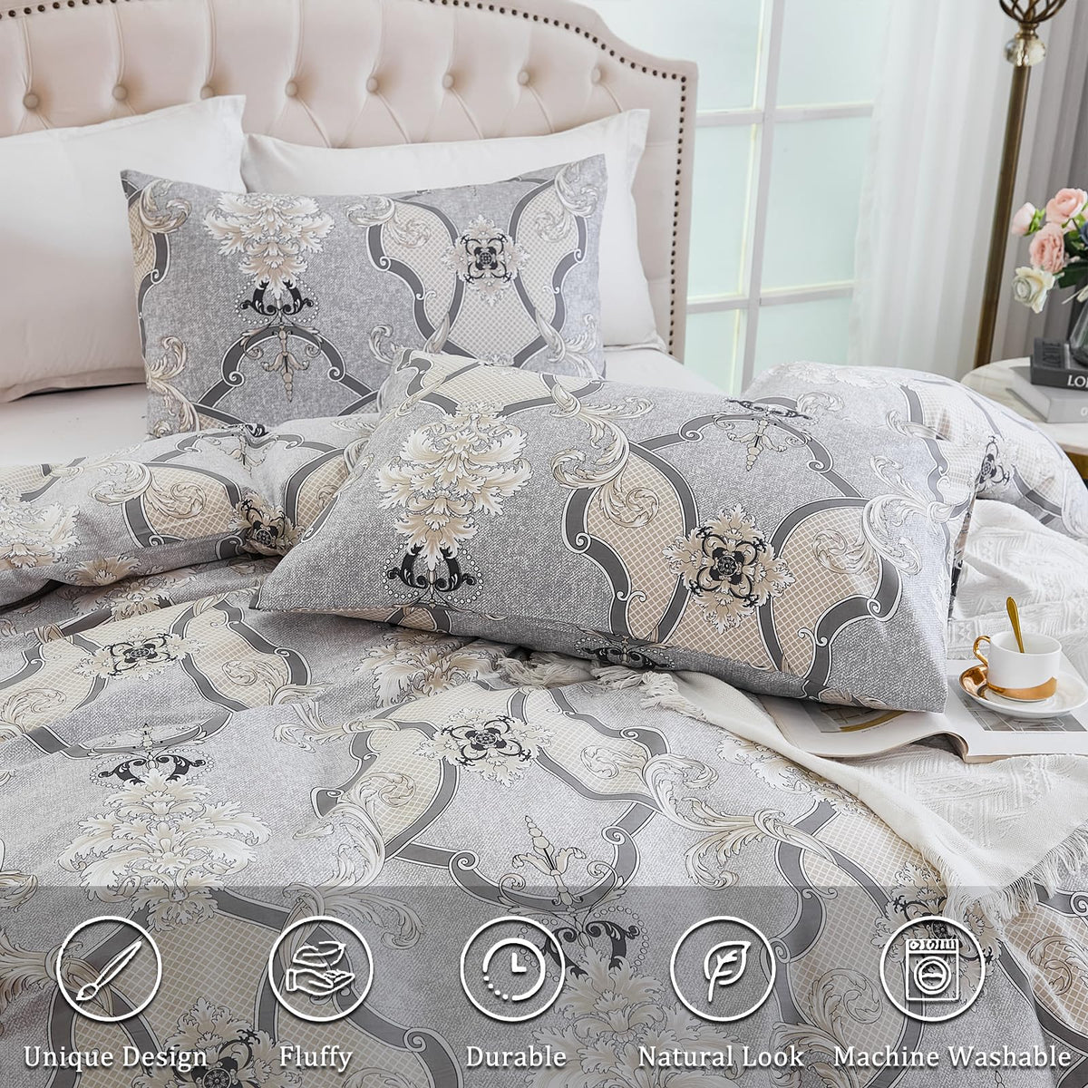 100% Natural Cotton Duvet Cover Set King 3 Pcs Grayish Duvet Cover with Luxurious Damask Pattern, Reversible