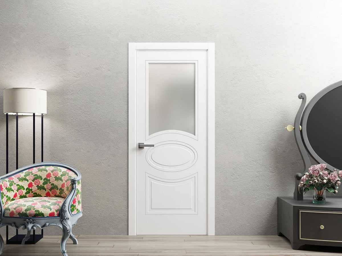 Solid French Door Opaque Glass 28 x 80 inches | Mela 7012 Matte White | Single Regular Panel Frame Handle | Bathroom Bedroom Modern Doors