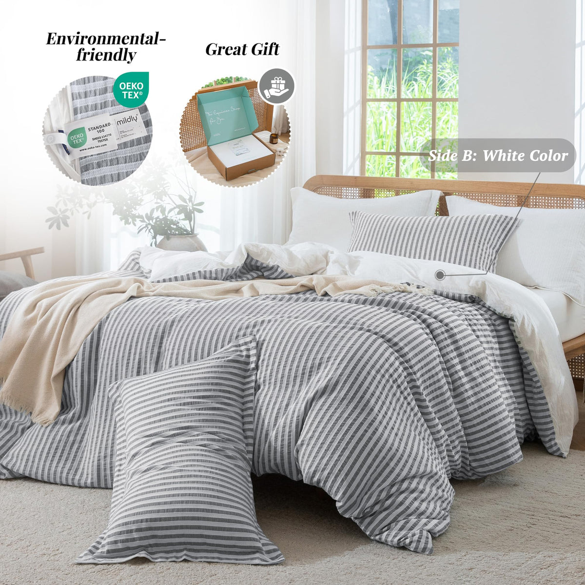 Jacquard Striped Duvet Cover Set 3pcs Dual Zipper Dark Grey