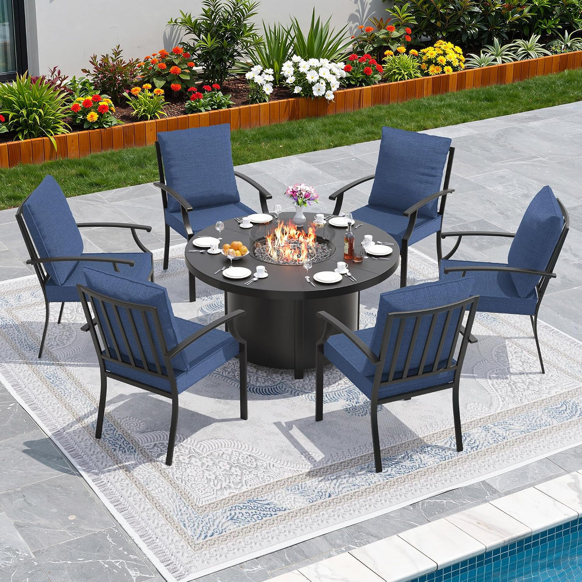 7 Piece Metal Outdoor Patio Furniture Set with 48" Round Fire Pit Table, Patio Conversation Sets 6 Fixed Chairs with