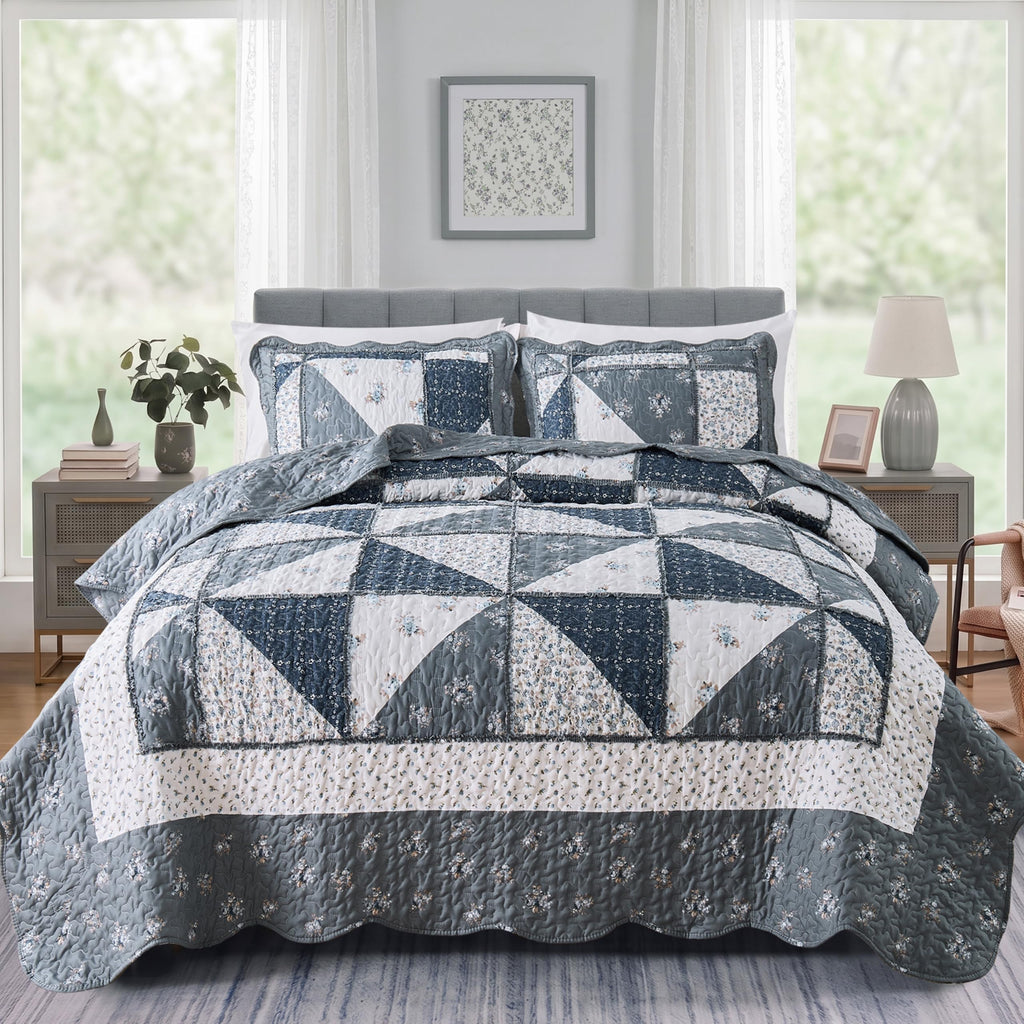 Quilt Bedding Set Grey Floral Patchwork Quilted Bedspread Set