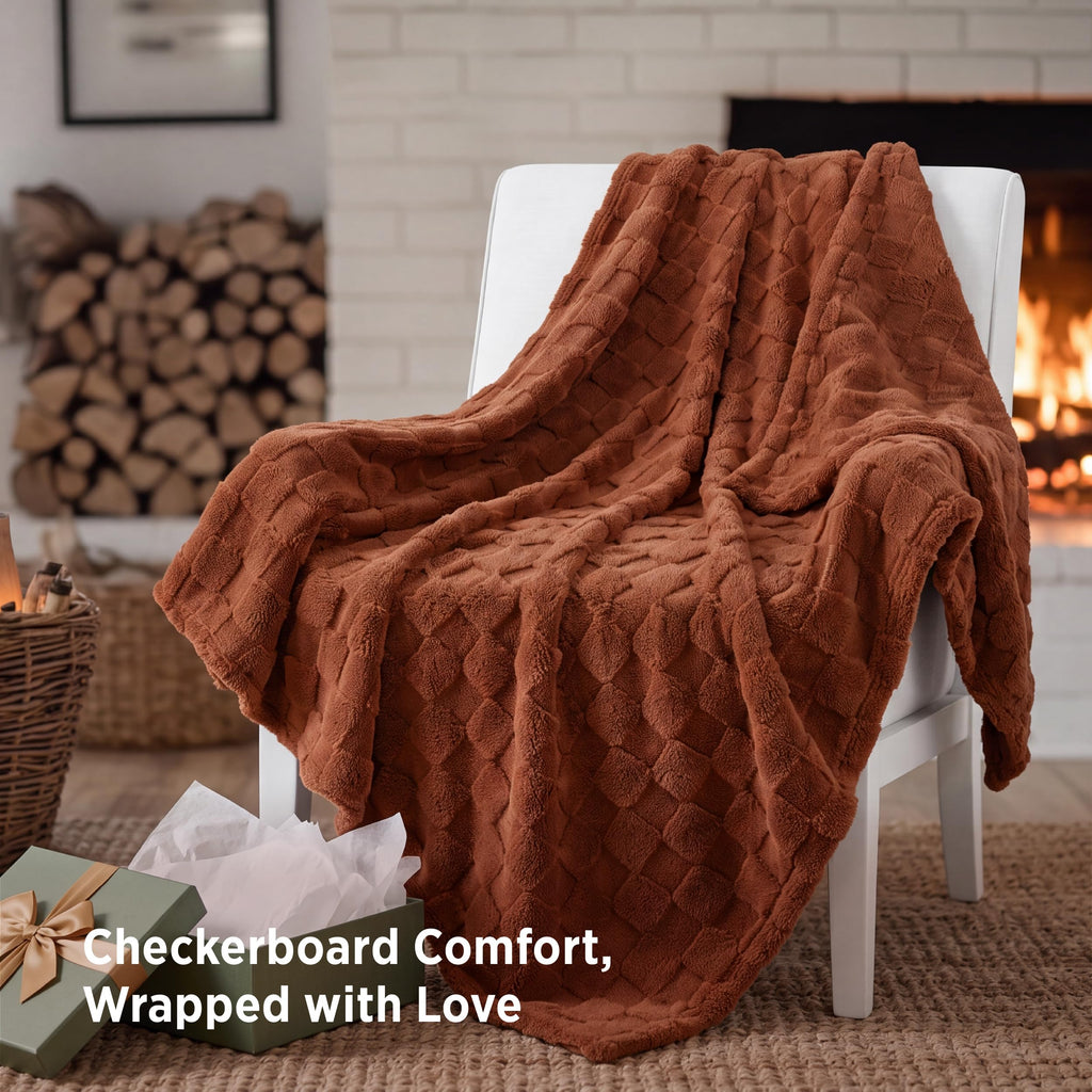 Checkered Soft Fall Throw Blanket for Couch, Burnt Orange, 50"×60"