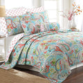 Turquoise Blue Coral Floral Leaf Reversible Quilt Bedding Set, Coverlet Bedspread Lightweight for All Seasons (Mirage
