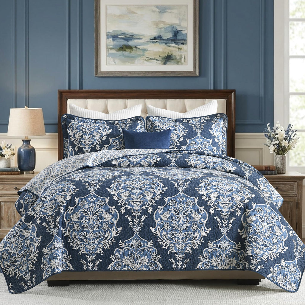 Quilts, Vintage Damask Floral Quilt Set, Navy/Beige